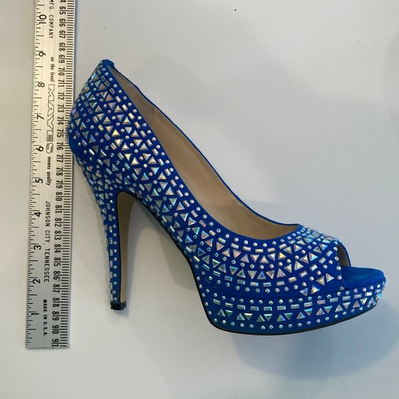 ENZO ANGIOLINI size 8 blue fun embellished platform peep toe heel - Picture 6 of 11